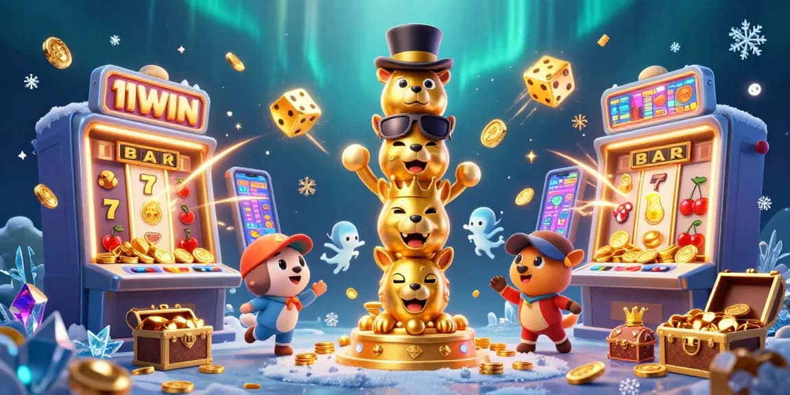 Win big at 11WIN with a colorful 3D casino scene showcasing slots and vibrant elements.