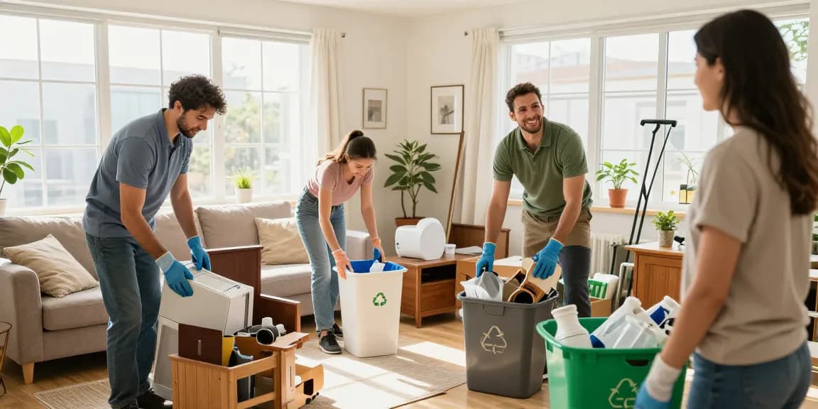 Efficient house clearance service team sorting household items in a sunny living room.