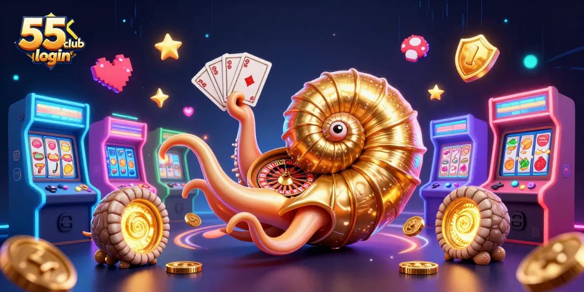 Play at 55 club login with vibrant, interactive casino-inspired 3D gaming elements.
