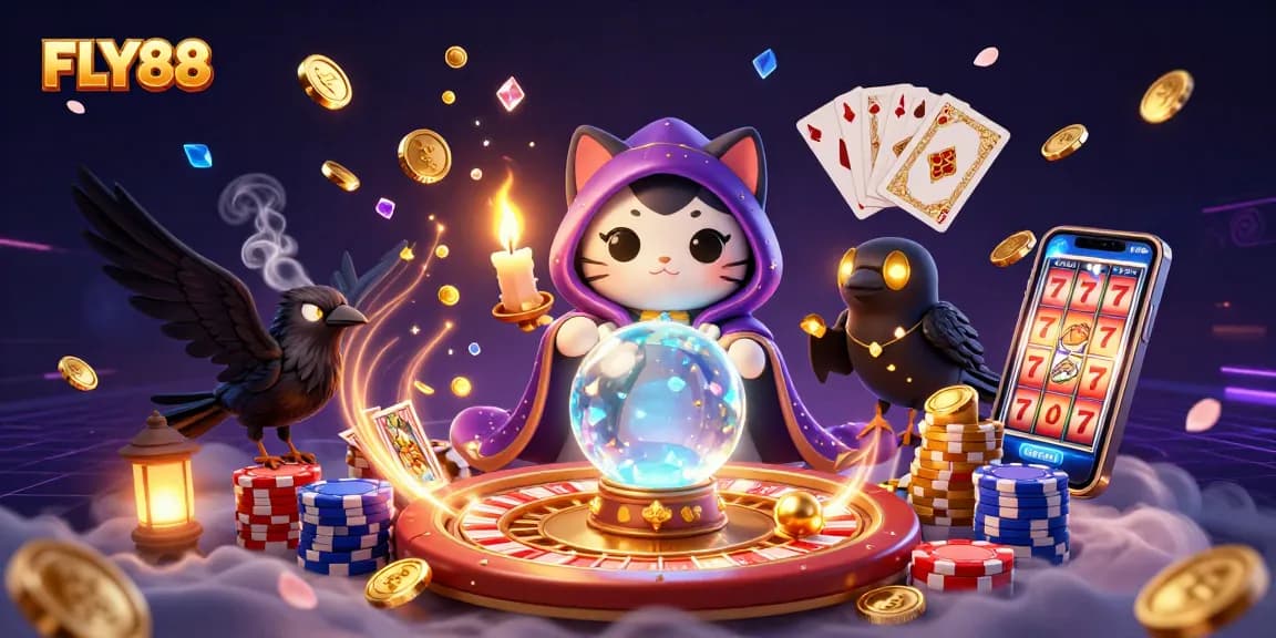 Experience FLY88's thrilling casino world with a mystical cat and raven amid shimmering coins and game icons.