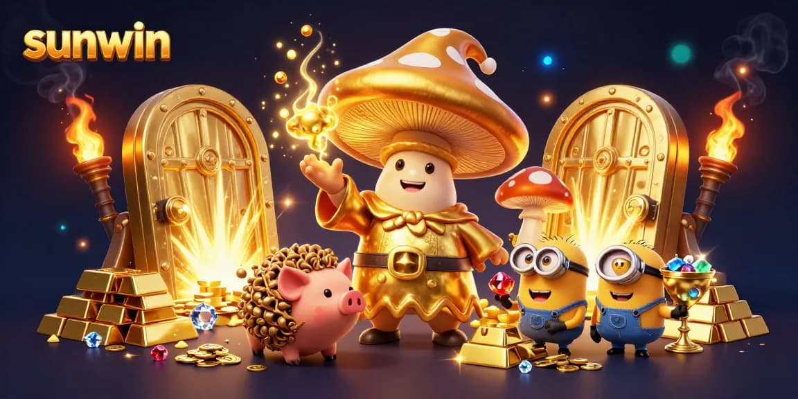 Experience the magic of sunwin with a gold-filled fantasy treasure scene featuring a wizard.