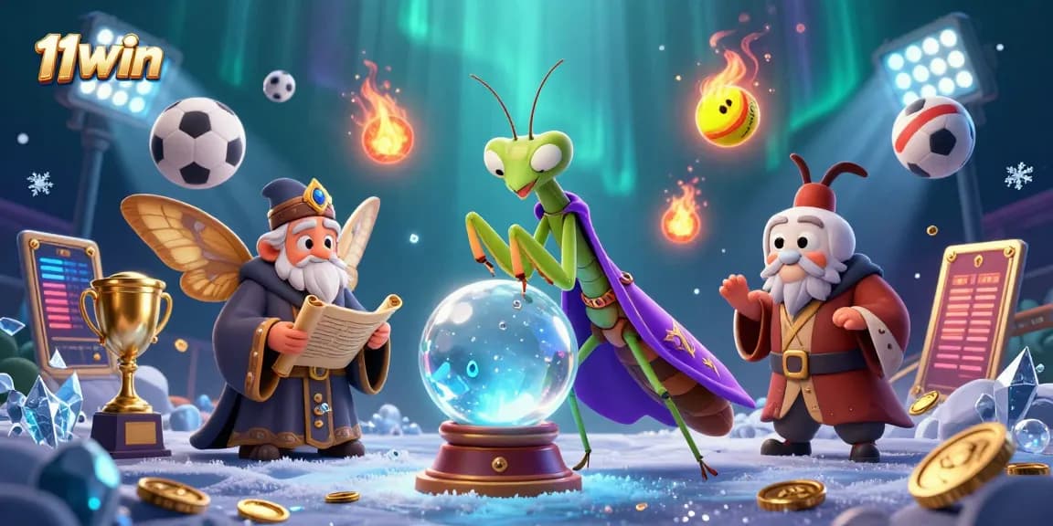 Engage with 11WIN in a vibrant 3D illustration featuring fortune tellers and sports elements.