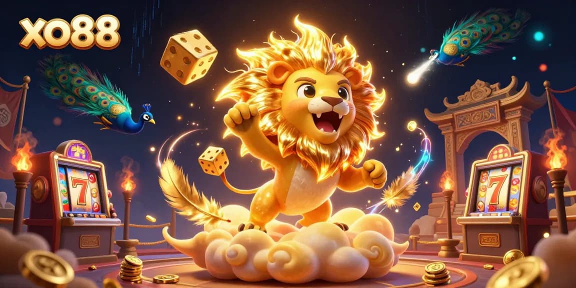 Engage in the excitement of xo88 as a roaring sun lion brings fortune among vibrant casino elements.