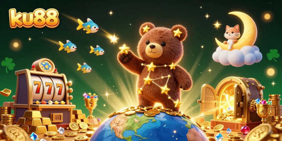 ku88 captures the excitement of slot games with a golden bear, sparkling treasures, and whimsical characters