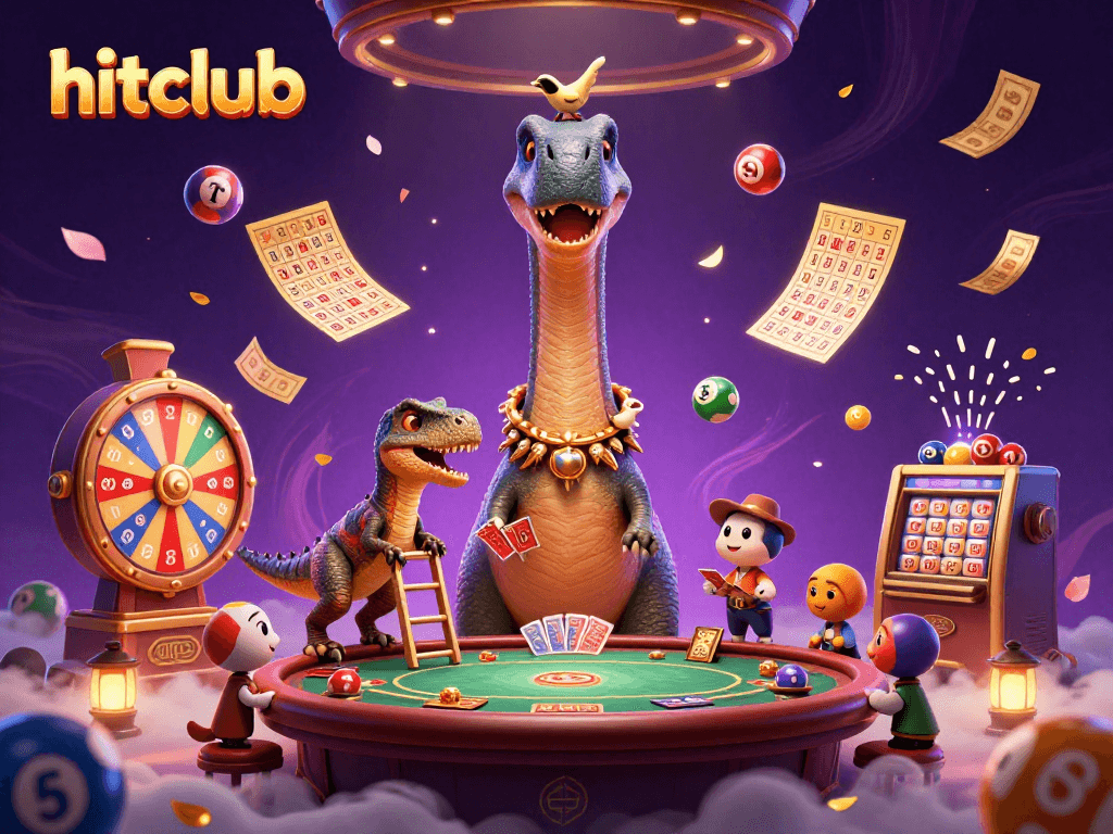 Engage with hitclub as a giant brontosaurus oversees a vibrant casino with dynamic elements.