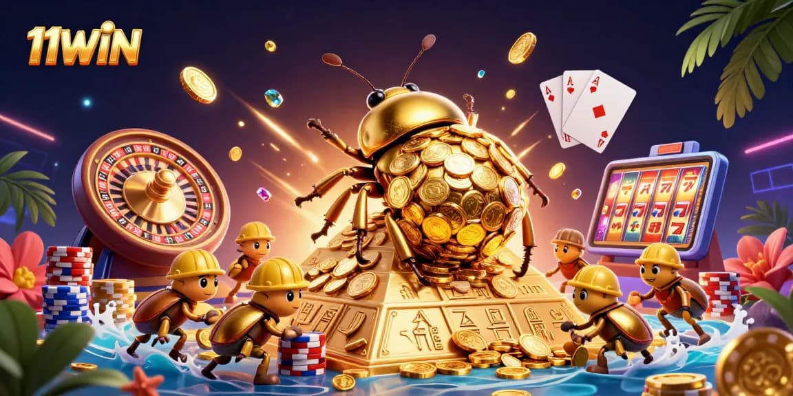 Experience 11WIN's vibrant casino adventure with golden coin beetles amidst thrilling games.