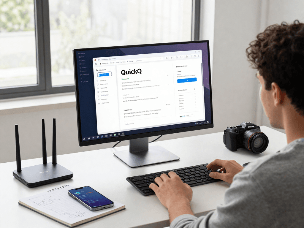 快速下载QuickQ官网界面，展示现代办公环境中智能网络加速工具的使用。