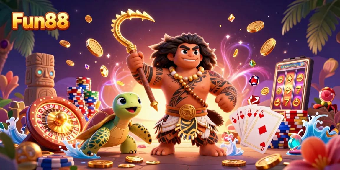 Experience Fun88 with a vibrant 3D casino scene featuring golden coins, poker chips, and dynamic gameplay elements.