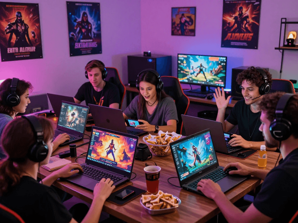 Adults enjoying engaging sex games on laptops and smartphones in a lively gaming space