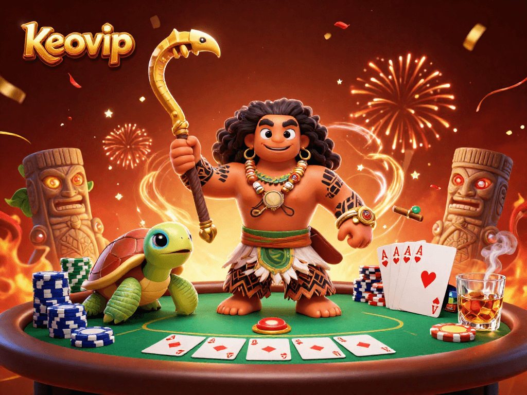 Engage with keovip showcasing a Maui-style demigod hawk amidst a vibrant poker scene.