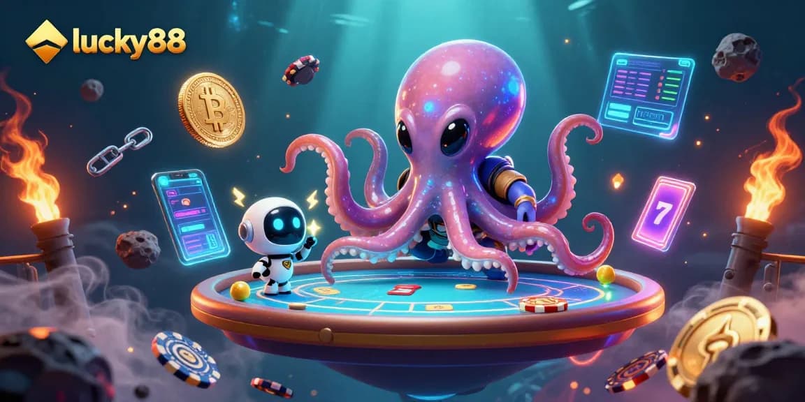 Engage with lucky88 at a vibrant 3D alien casino scene featuring holographic poker table action.
