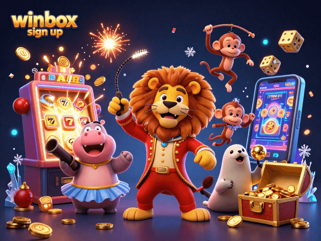 Engage in thrilling gaming with winbox sign up at this colorful 3D casino illustration featuring vibrant characters and classic elements.