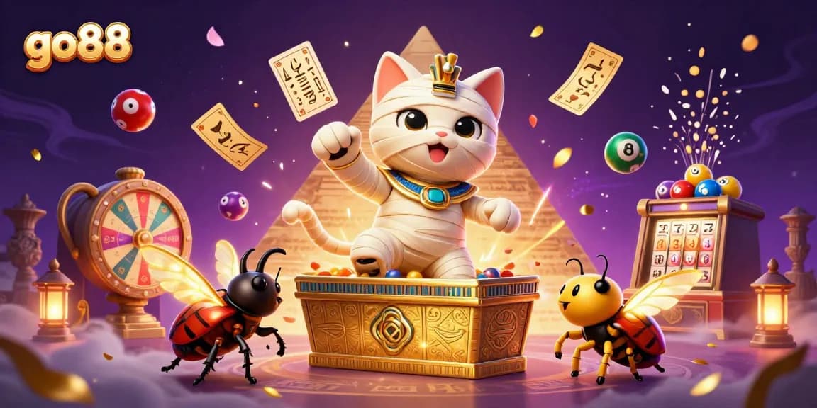 Experience gaming excitement at go88 with a lively scene featuring Egyptian-themed characters and vibrant lottery elements.