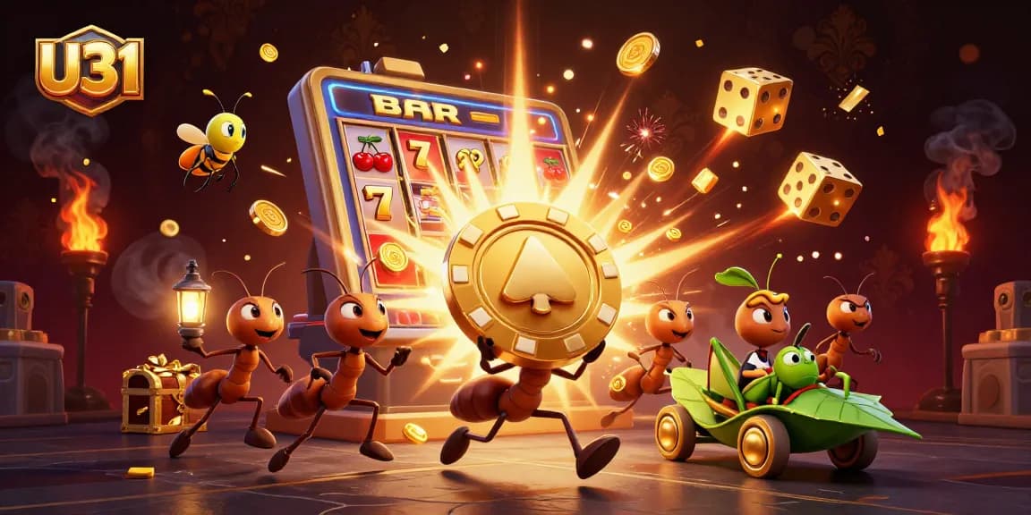 U31 ants execute a heist with a giant poker chip amidst vibrant casino symbols and animations.