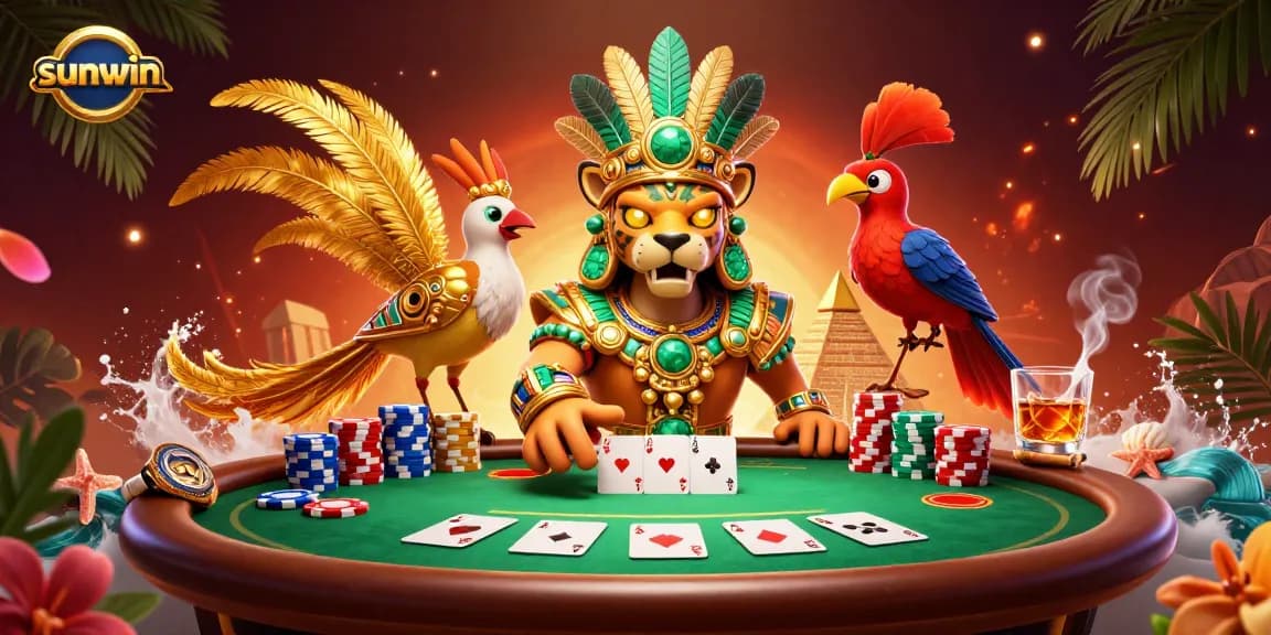 Experience sunwin's vibrant casino atmosphere with a Mayan priest, poker elements, and golden hues.