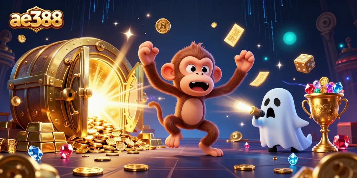 Experience the excitement of ae388 with a mischievous poltergeist monkey surrounded by treasures in a haunted casino.
