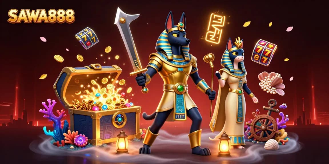 SAWA888 features thrilling slot action with Anubis and Bastet amidst treasure unfolding in this colorful illustration.