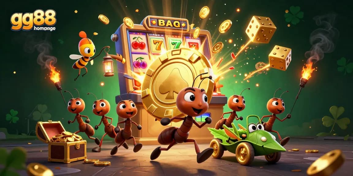 Experience the thrill of gg88 homepage with cartoon ants on a heist amidst casino chaos.