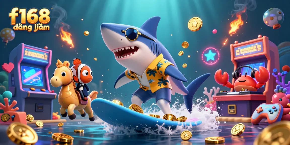 Experience vibrant entertainment with f168 đăng nhập as a shark surfs on gold coins in an exciting casino scene.