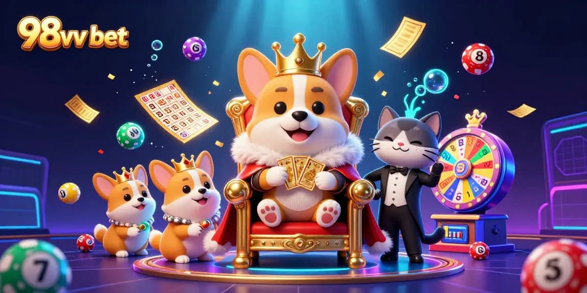 Experience the excitement of 98vv bet with a royal corgi on a poker chip throne amidst dynamic gambling elements.