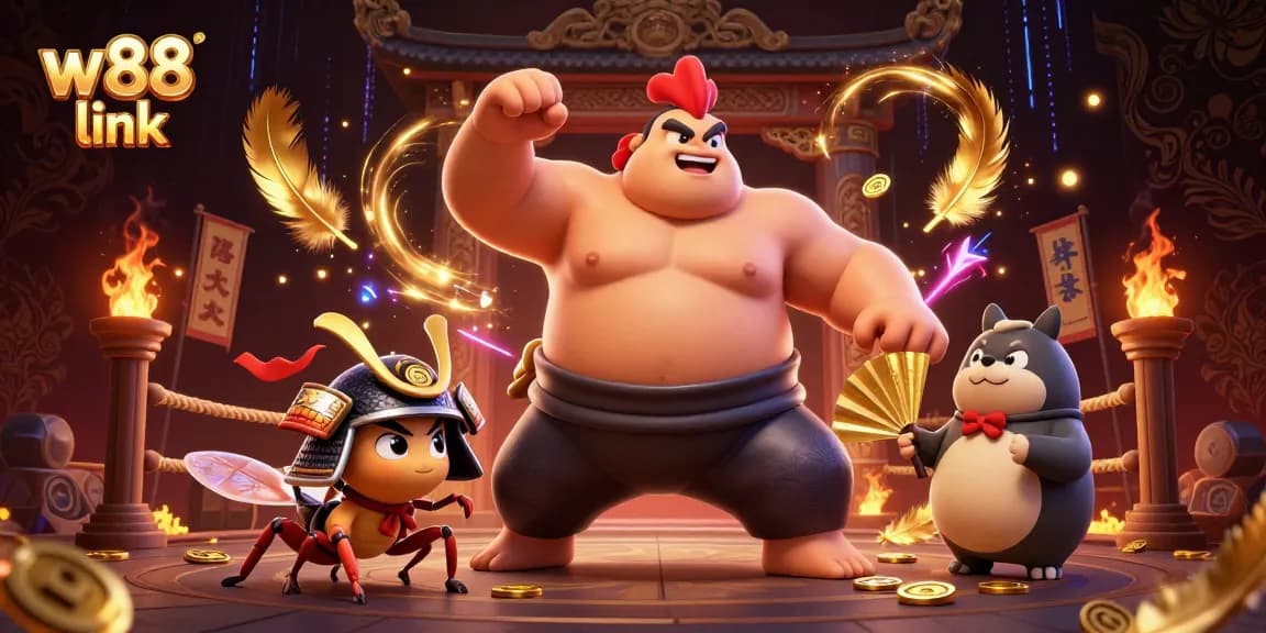 Engage with w88 link through an exciting 3D illustration of a sumo wrestler and samurai cricket in a dynamic casino setting.