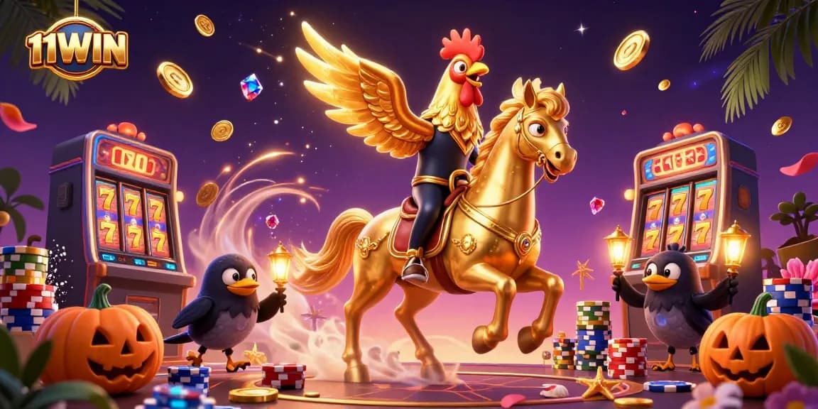 Experience thrilling gameplay with 11WIN as golden rooster rides through a vibrant casino scene.