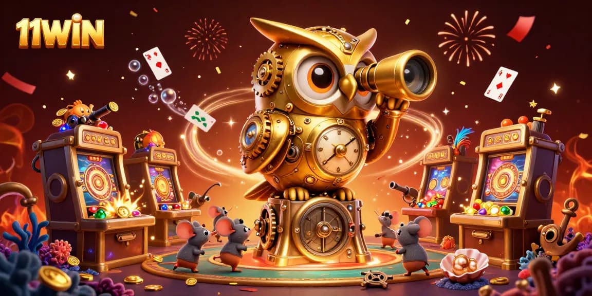 Engage with the vibrant 11WIN casino scene featuring a golden owl and animated patrons among treasures.