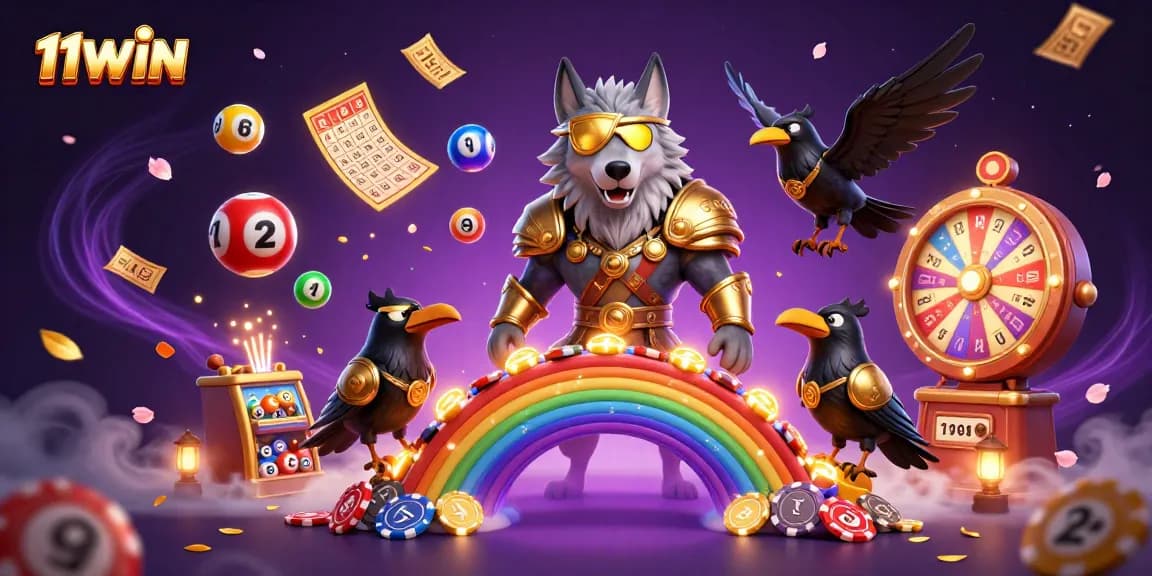 Join the thrilling adventure at 11WIN with vibrant colorful lottery elements and Norse mythology characters.