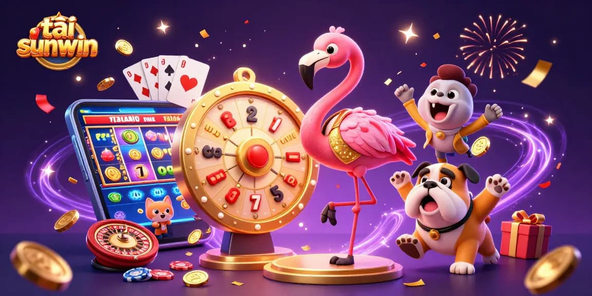 Engage in the excitement of tải sunwin with vibrant game show elements, slot reels, and festive atmosphere.