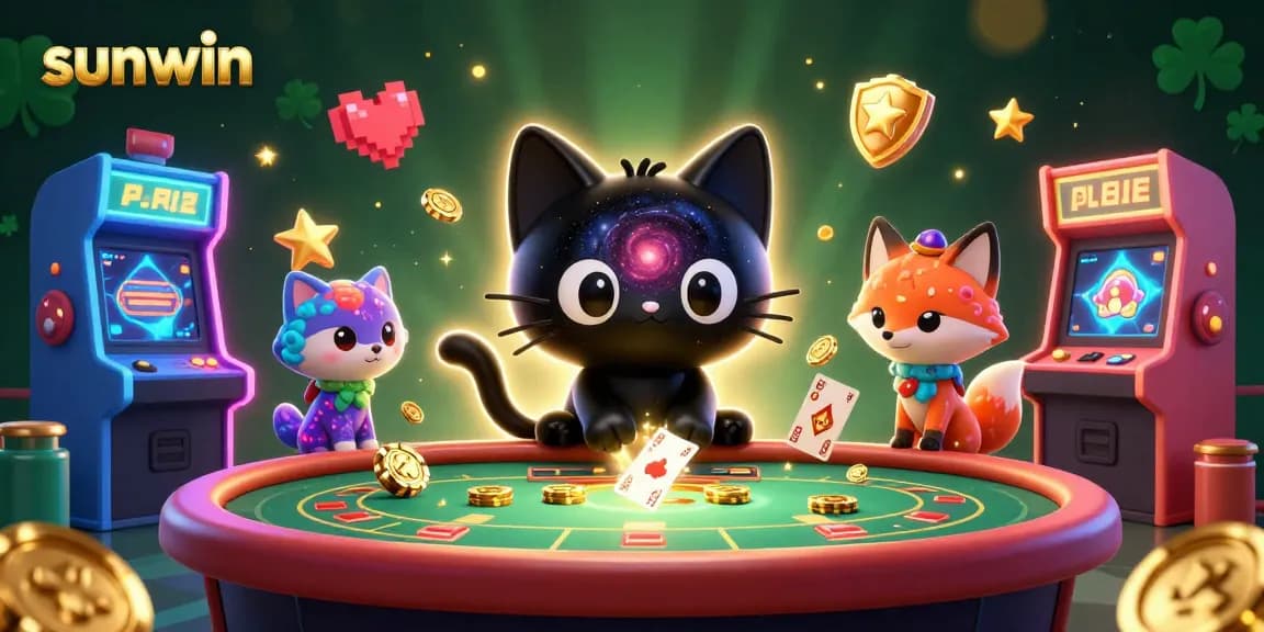 sunwin showcases a cosmic casino scene with a black hole cat and colorful elements.