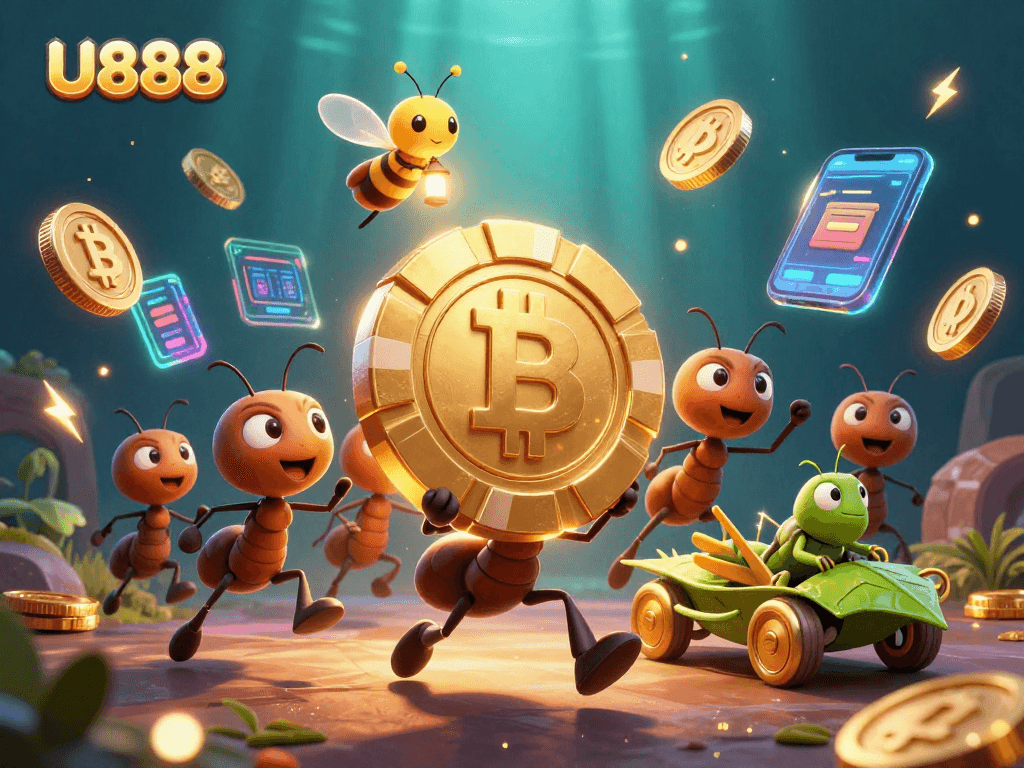 Experience U888's heist adventure with ants and crypto elements in vibrant underwater illustration.