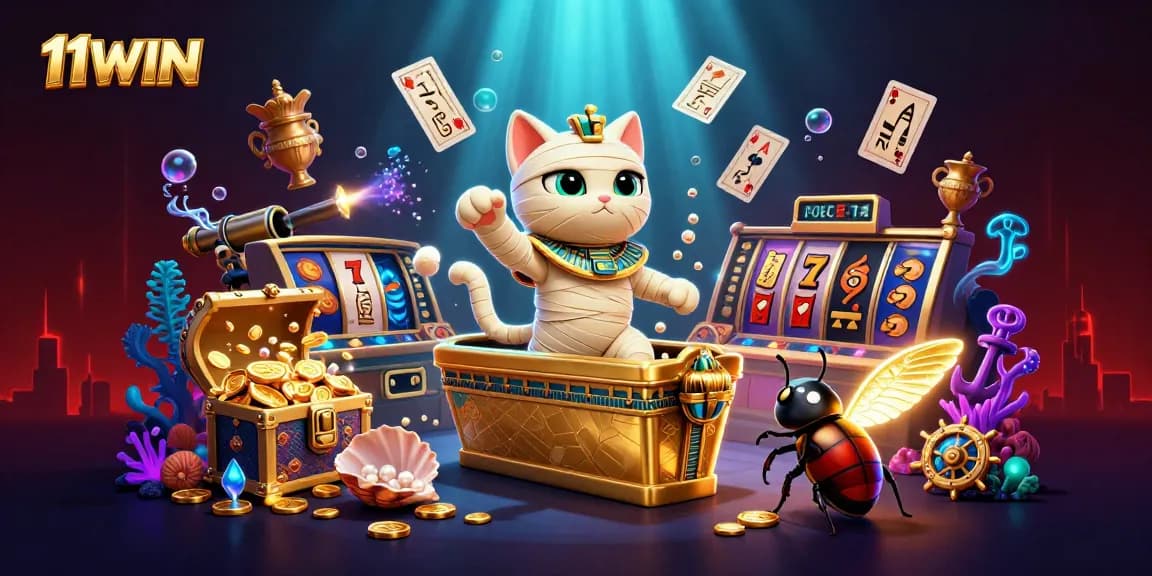 Experience the thrill of winning at 11WIN with the Egyptian mummy cat and vibrant slot elements.