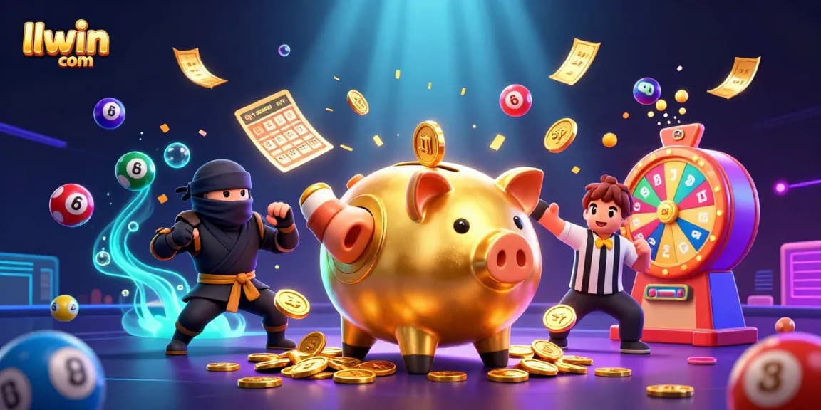 Experience excitement with llwin com as a golden piggy bank sumo wrestler shakes loose coins in a playful casino scene.