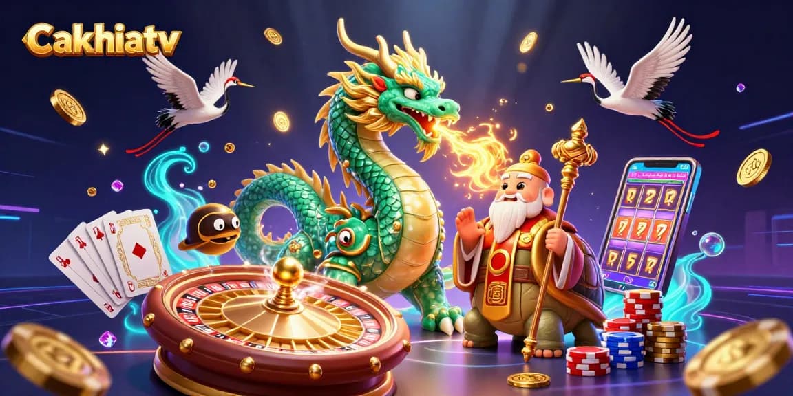 Experience thrilling gaming with Cakhiatv featuring a majestic dragon, turtle sage, and dynamic casino elements.