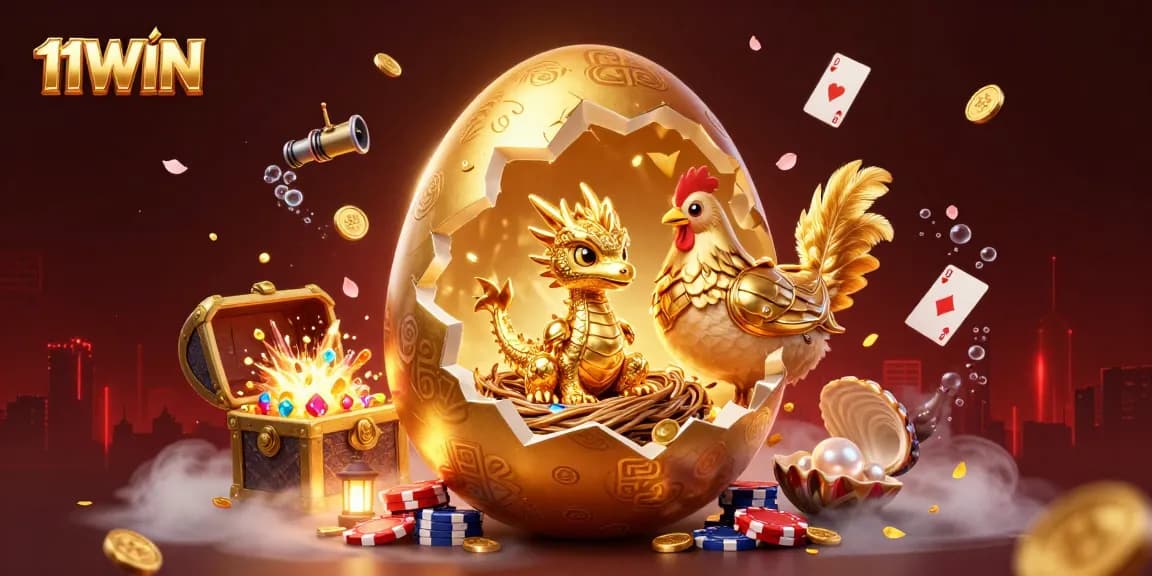Experience the thrill at 11WIN as the golden dragon guards poker chips among vibrant casino treasures.