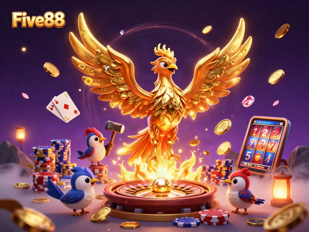 Experience the thrilling world of Five88 with engaging golden casino elements and a majestic phoenix.
