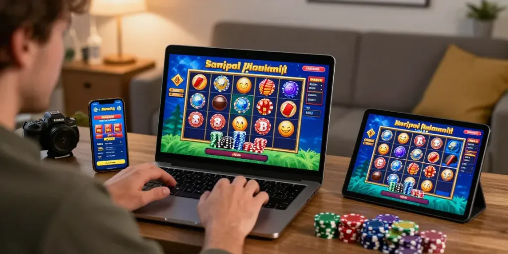 Player enjoying slots at non gamstop casinos with colorful graphics and bonuses in a cozy setting