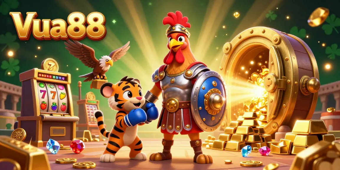 Experience action and excitement with Vua88 as a cartoon rooster and tiger cub bring energy to the casino atmosphere.