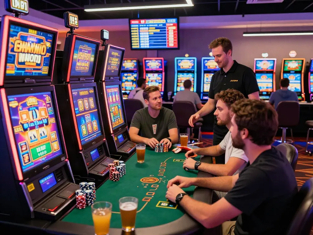 Exciting slots not on gamstop gaming scene with diverse players enjoying vibrant machines.