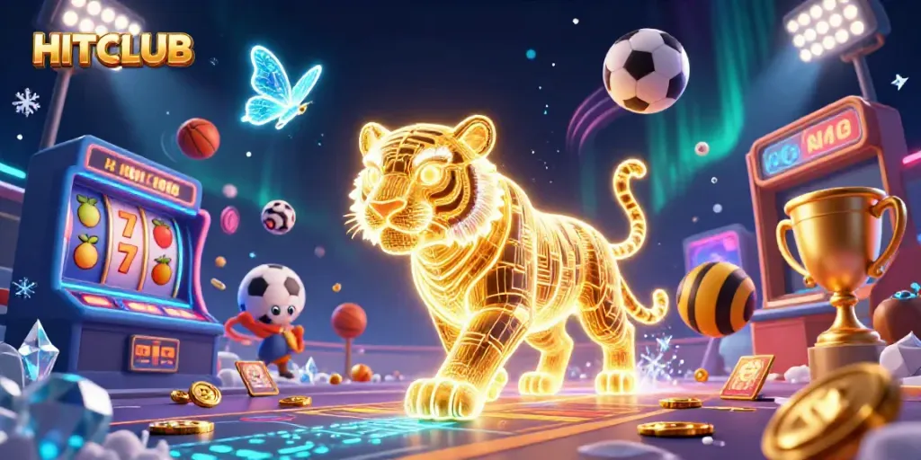 Experience the excitement of HITCLUB, where golden tigers roam amidst dynamic slot machines and vibrant 3D sports balls.