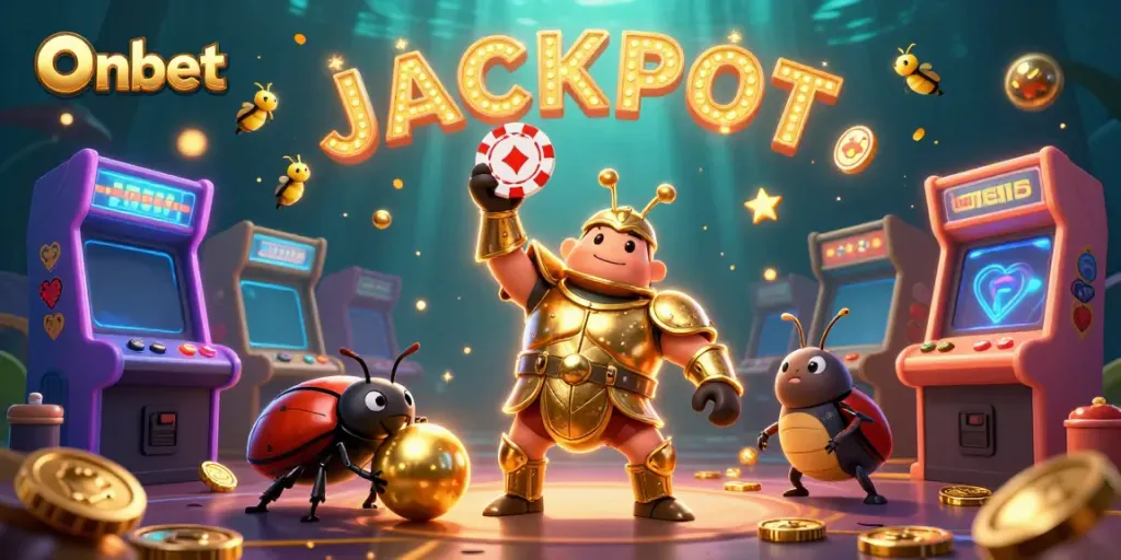 Experience the thrill of Onbet with a victorious beetle lifting a poker chip amidst arcade wonders.
