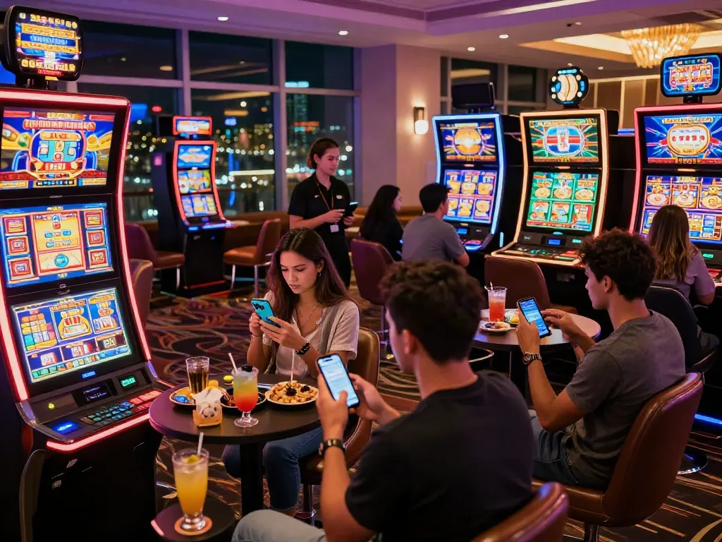 Players enjoying the best non gamstop casinos in a lively gaming lounge with vibrant slot machines.