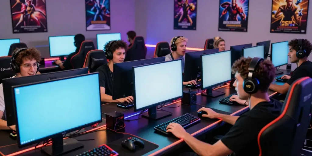 Excited players enjoying gaming at non GamStop casinos in a modern gaming room.
