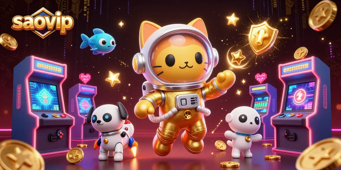 Engage with saovip's vibrant galaxy of games featuring a space cat, robot dog, and glowing arcade machines.