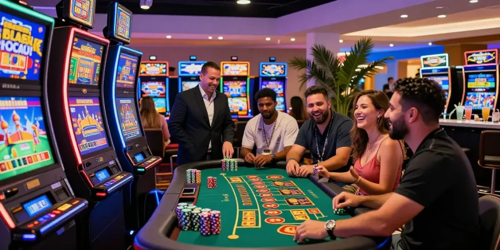 Players enjoying slots in a lively non GamStop casino atmosphere highlighting gamstop alternatives.