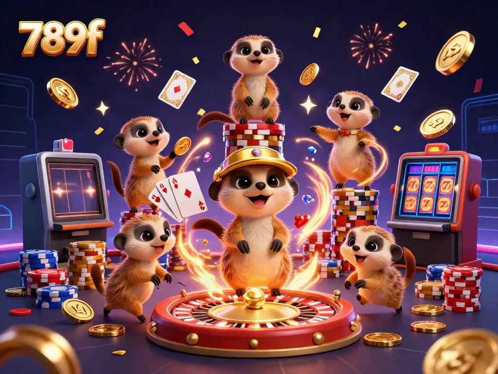 Experience the thrill of 789f with meerkats running a vibrant casino scene filled with gold coins and colorful chips.