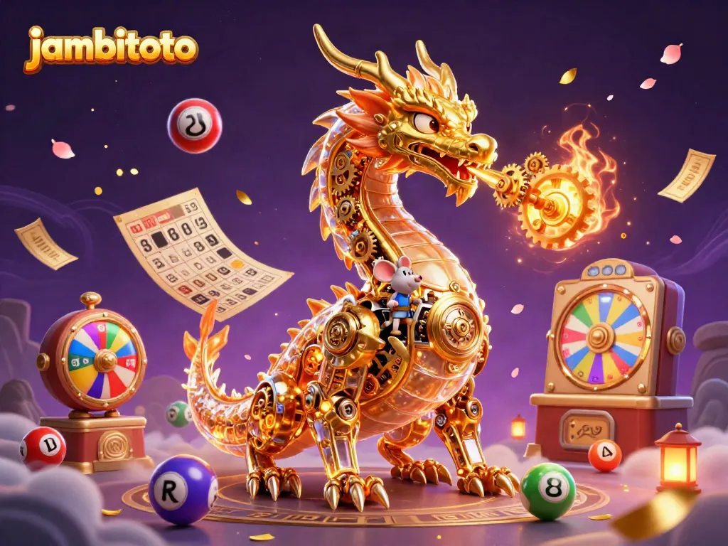 Engage with Jambitoto's thrilling gaming scene featuring a vibrant dragon and dynamic lottery elements.