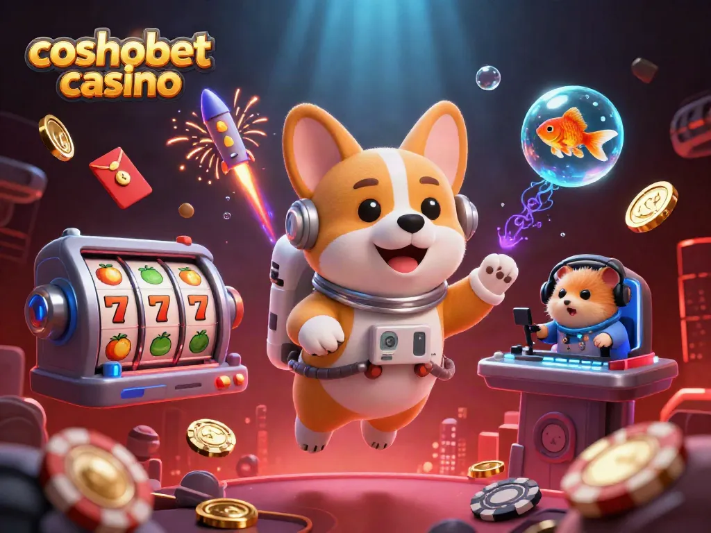 Experience excitement at Cosmobet Casino with a playful corgi and vibrant gaming elements