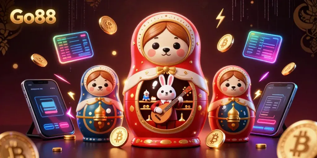 Experience the thrill of Go88 with vibrant casino-themed characters amidst digital currency elements.