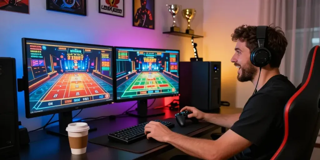 Gamer exploring non-GamStop casinos, playing vibrant slots while seated at a modern desk.